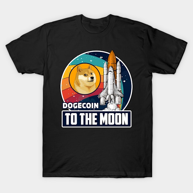 Dogecoin to the Moon Digital Crypto BTC Retro Spaceship T-Shirt by TheBeardComic